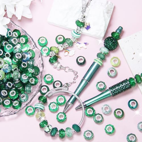 100 Pcs Large Hole Beads Spacer Bead Dark Green Assorted European Craft Big Beads Large Hole Lampwork Murano Fairy Wand Garden Bead for DIY Pens Bracelet Necklace Keychain Jewelry Making Supplies - color: Dark Green, size: 100 Pcs