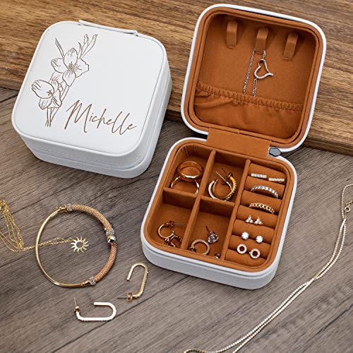 Custom Leather Jewelry Box w/Name & Birth Flower Month - Birthday Gifts for Women, Personalized Jewelry Travel Case - Customized Jewelry Organizer Box, Mom Birthday Gifts - Gray - color: Gray