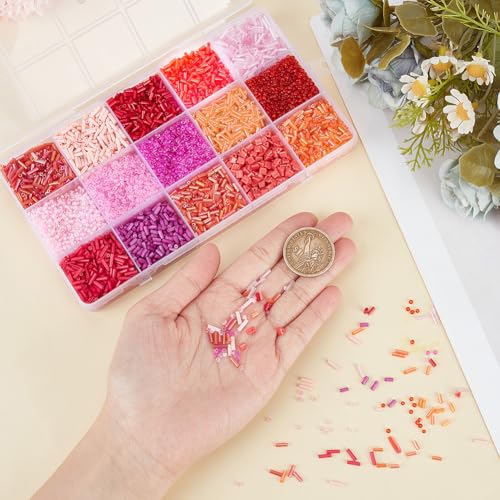 About 8218 Pcs Red Series Glass Bugle Seed Beads, Mixed Styles Long Tube Round Seed Beads Loose Spacer Bead Bulk for DIY Crafting Jewelry Making - color: Red Series