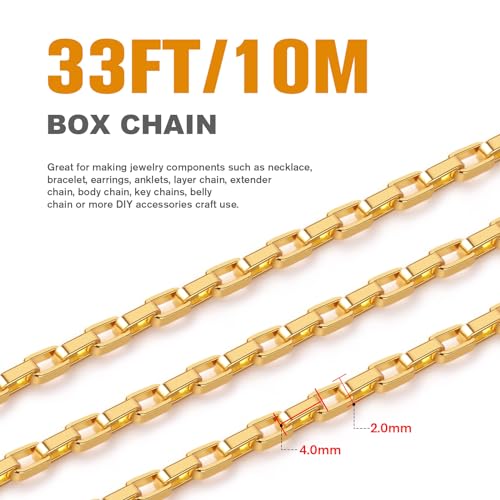33 Feet 18K Gold PVD Plated Stainless Steel Box Chains Bulk, 2mm 304 Stainless Steel Chain Spool Square Link Box Chain Roll Bulk for Jewelry Making - color: 2MM Gold Square Box Chain