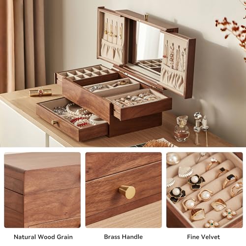 CHOSIN Black Walnut Wooden Jewelry Box for Women, 3 Level Multi-functional Drawer Organizer Box Watch Necklace Ring Earring Storage Mothers Day Gifts for Mom - style: With Mirror1