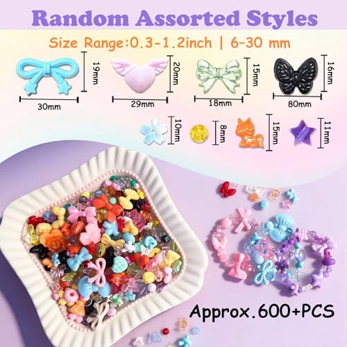 600-650PCS Acrylic Beads for Bracelets Making, 8 Mixed Colors Cute Flower Bow Butterfly Bear Beads Bracelets Charms Necklaces Keychains DIY Crafts