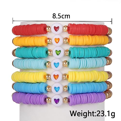 COLORFUL BLING 5-12Pcs Bohemian Love Heart Bead Bracelets for Women Vinyl Disc Heishi Surfer Stackable Stretch Bracelet Summer Beach Boho Jewelry - color: 7pcs pure