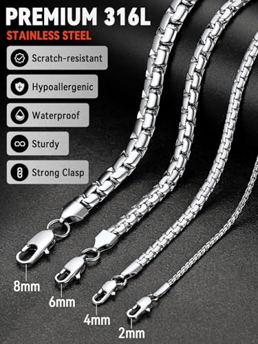 FaithHeart Mens Black/Silver/Gold Stainless Steel Flat Box Link Chain Necklace, Stylish 2/4/6/8mm Width Box Chains Necklaces for Men Non Tarnish Hip Hop Chain Jewelry Gifts,14"-30" Length - color: 2mm Width-Classic Silver, size: 22 Inches Length