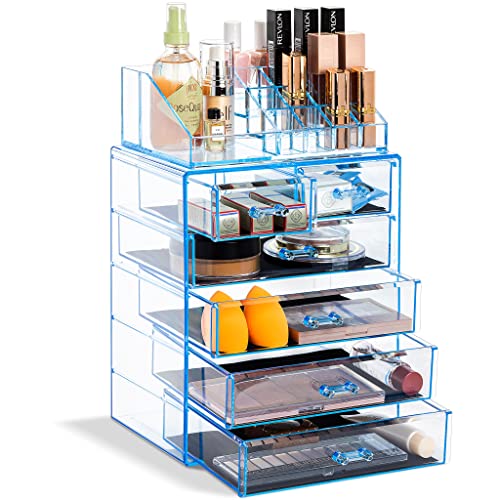 Sorbus Acrylic Makeup Organizer Set, 6-Drawer Vanity & Countertop Cosmetic Storage with Small & Wide Compartments, Blue Brilliance Makeup Storage for Brushes, Jewelry – Holiday Gift for Women & Teens - color: Blue Brilliance, size: 4 Large, 2 Small Drawer