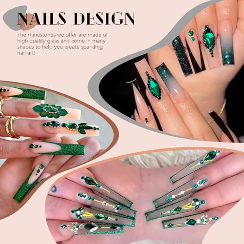 Emerald Green Glass Nail Rhinestones - 1680pcs Multi Shapes Flatback Gems + 1500pcs 1.5-4mm Round Crystal with Rhinestones Glue Gel for Nail Art - color: Emerald Green with Glue