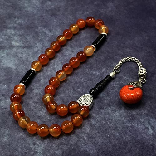 Simple Designed Natural Stone Worry Beads - Prayer Beads Tesbih-Tasbih-Tasbeeh-Misbaha-Subha-Sebha-Sibha-Rosary (Red Agate Natural Stone -8 mm 33- Beads/Drop Tassel) - color: Red Agate Natural Stone -8 mm 33- Beads / Drop Tassel
