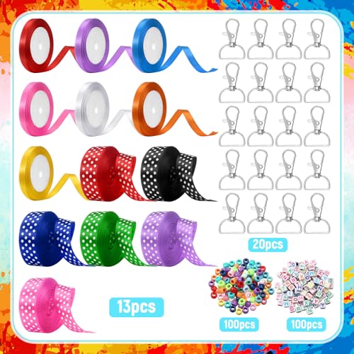 Zeyune 233 Pcs 20 Set DIY Bead Keychain Making Kits Bag Charm Beads Making Craft Ribbon Bow Key Chain Letter Alphabet Keychain Jewelry Accessories for Mothers Day Gifts Jewelry Make Party Favor