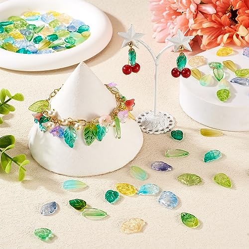 Beadthoven 150Pcs Leaf Beads 15 Styles Baking Paint Glass Pendants Transparent Green Leaf Beads Caps with Hole for Bracelet Earring Necklace Crafts Jewelry Making DIY Accessories - color: Leaf-15 Styles