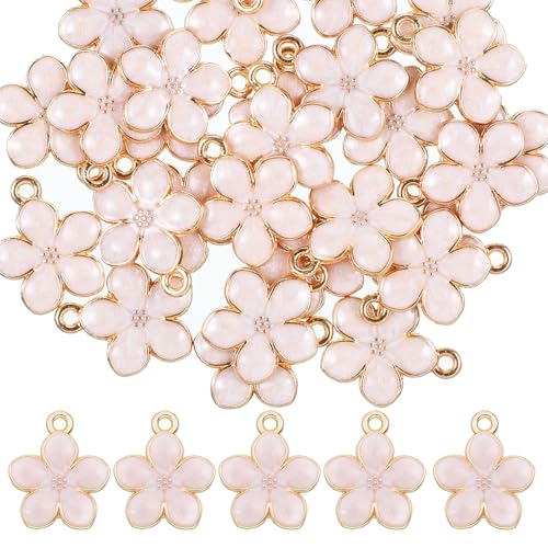 Thinp 30 Pcs Cherry Blossoms Decor, Flower Charms for Jewelry Making Small Flower Enamel Charms Gold Plated Flowers Pendants for DIY Crafts Purse Keychains Bracelet Necklace Earrings Making Findings