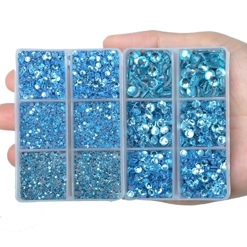 10000Pcs 2-Boxes Mixed Size Hot Fix Round Crystals Gems Glass Stones Hotfix Flat Back Rhinestones with Tweezers and Picking Pencil (Aquamarine) - color: Aquamarine, size: 2-Box (10000pcs)