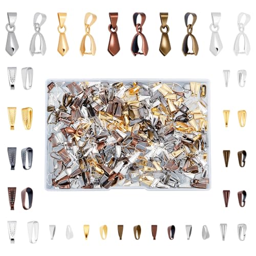 SUNNYCLUE 1 Box 500Pcs Brass Snap on Bails Set 30Pcs 2 Style Brass Pinch Bails 475Pcs 3 Style Snap on Bails Charm Bead Pendant Jewelry Connectors Bails for Earring Jewelry Making Supplies Craft - color: 5 Colors Antique Gold Silver Bronze Pinch Bails