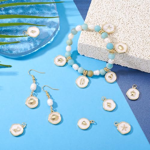 Craftdady Golden Plated Enamel Pendants White Oval Flat Round Dangle Charms for DIY Earrings Necklace Bracelet Making - color: 18K Gold Plated Ocean Aniamls-10 Style