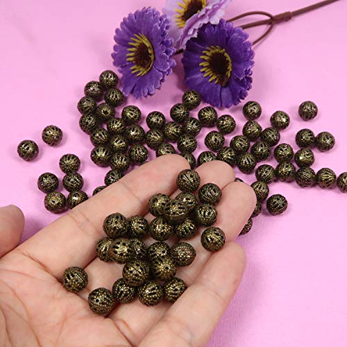 TOAOB 100pcs 8mm Antique Bronze Filigree Hollow Ball Beads Round Metal Loose Spacer Beads for DIY Crafts Bracelets Necklaces Earrings Jewelry Making - color: Antique bronze, size: 8mm