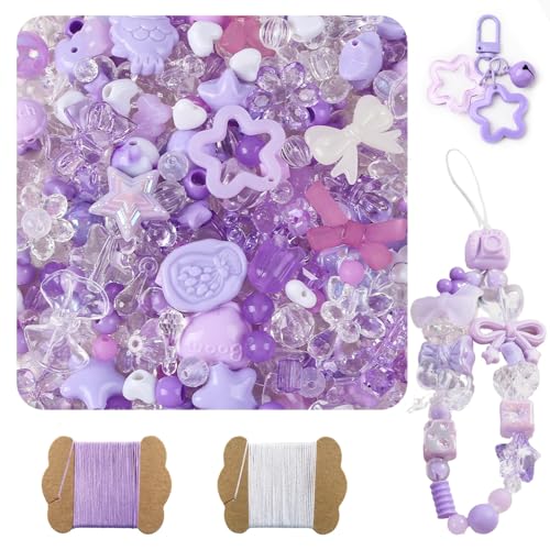 500G Assorted Acrylic Beads 600-760PCS Cute Beads for Jewelry Making 10M 0.8MM Nylon Strip Flower Star Bear Bow Aesthetic Kawaii Charms for Bracelet DIY Necklace Keychain Phone Charm-Purple - color: 500g-Purple
