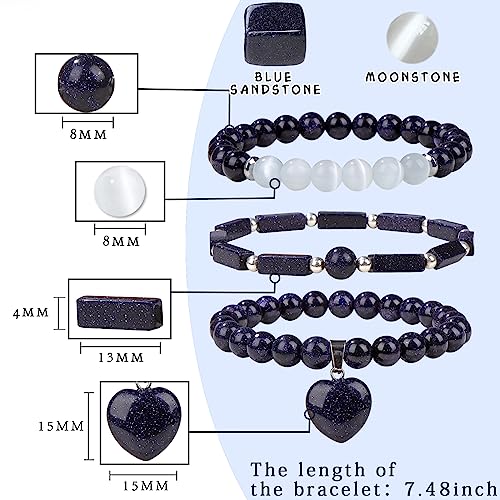 Vinswet Healing Crystal Beaded Bracelets for Women,Natural Amethyst Gemstones Bracelet,Anxiety Stress Relief Heart Charm Bracelet Handmade purple Jewelry Gifts for Women - color: Blue Sandstone&Moonstone