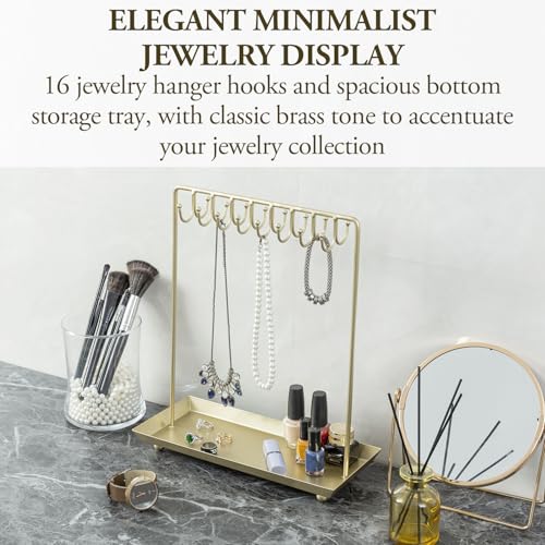 MyGift 14 Inch Brass Metal Jewelry Organizer Stand for Necklaces with 20 Hooks and Ring Tray - color: Brass