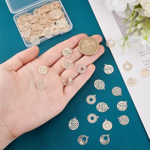 PH PandaHall 120pcs 6 Styles Brass Filigree Pendants, Flat Round Gold Charms Bulk Metal Pendants Hollow Metal Charms for DIY Bracelet Earring Necklace Jewelry Making
