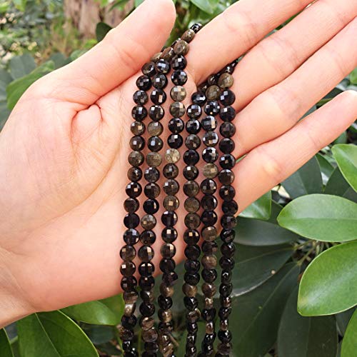 Adabele 15 Inch Natural Gold Sheen Black Obsidian Gemstone 6mm Faceted Flat Round Coin Loose Beads Gem Stone Spacer (61-66pcs) for Jewelry Making GZ13-11 - color: Gold Sheen Obsidian, size: 15 Inch/1 Strand
