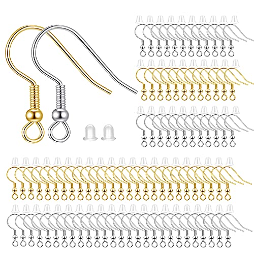 BEADNOVA Earring Hooks 300pcs Earring Kits with Rubber Backs Ear Hook for Jewelry Making DIY Ear Wires Supplies (300pcs Mix Earwires and 300 pcs Backs, Total 600pcs) - color: 300pcs