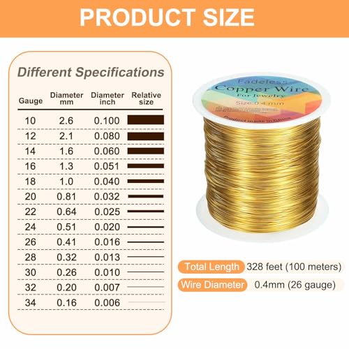 HARFINGTON Wire 328ft Length 26 Gauge Copper Craft Jewelry Wrapping Wire Tarnish Resistant Beading for Jewelry Making Supplies Crafting, Gold - color: Gold