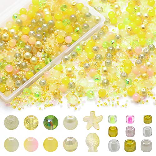 Rired 27 8MM Round Crystal Beads for Jewelry Making, 760pcs Lemon Yellow Assorted Glass Beads for Bracelets Making with Seed Beads, Ocean Starfish Beads - color: LemonYellow