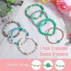 Emibele Colorful Stretch Bracelet Stack Boho Beaded Bracelet Set Heishi Surfer Bracelet Stackable Y2K Trendy Jewelry Friendship Multiple Set Women Fans - style: Green 7pieces