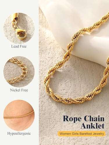 U7 Women Girls Barefoot Jewelry 18K Gold or Rose Gold Stainless Steel Heart/Rope/Figaro/Cuban Chain Anklet Foot Bracelet, 25-30 CM Long - color: Gold Plated-3mm-Rope Chain