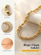 U7 Women Girls Barefoot Jewelry 18K Gold or Rose Gold Stainless Steel Heart/Rope/Figaro/Cuban Chain Anklet Foot Bracelet, 25-30 CM Long - color: Gold Plated-3mm-Rope Chain