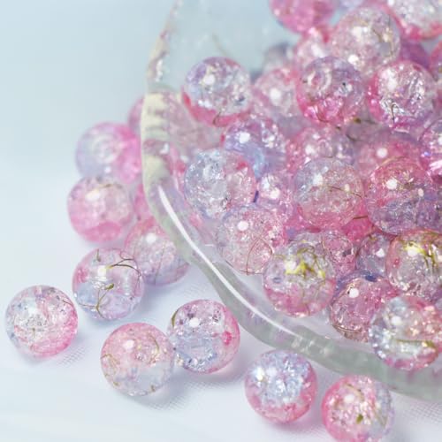 100Pcs 10mm Crackle Glass Beads for Jewelry Making - Round Spacer Crystal Beads Bulk, DIY Craft Supplies for Necklace Bracelet Earrings (Pink Light Purple) - color: Pink Light Purple