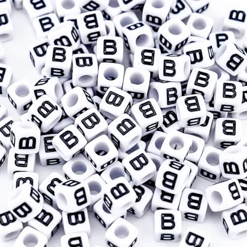 500Pcs Square Letter Beads B 6X6mm Single White Alphabet Beads for Charms Bracelets Making - color: Square - B