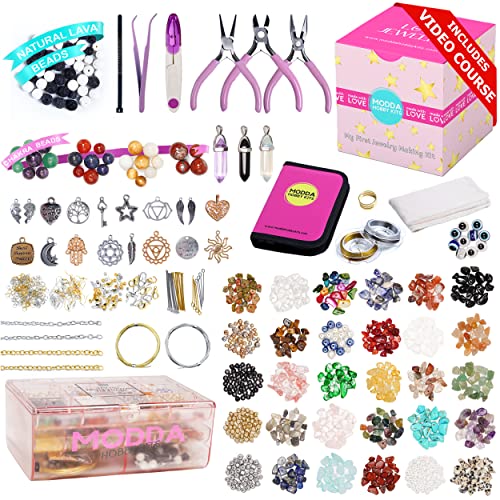 MODDA Natural Stone Jewelry Making Kit for Adults, Women. Includes Video Course, Crystal, Lava, Chakra Beads, Necklace, Bracelet, Earrings, Ring Supplies for Adults - color: Deluxe Natural Stone Jewelry Making Kit