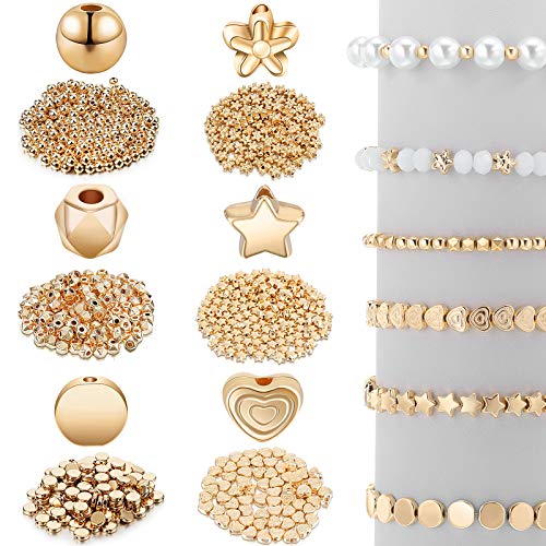 Hicarer 1200 Pieces Gold Spacer Beads Set Bead Bracelet Making Kit for Jewelry Making Assorted Star Round Flower Pony Beads for Friendship Bracelets DIY Crafts Gifts - color: Gold