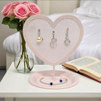 Earring Holder for Girls – Heart-Shaped Pink Metal Stand Jewelry Organizer with Tray for Rings & Bracelets, Cute Vanity Display for Teen Room Decor