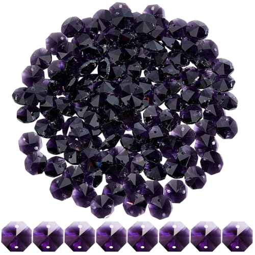 120Pcs 14mm Glass Octagon Beads 2 Hole Crystal Prism Beads Dark Orchid Crystal Chandelier Parts Replacement Connector Sun Catcher Faceted Spacer for Suncatcher DIY Lamp Pendant Jewelry Making - color: Dark Orchid