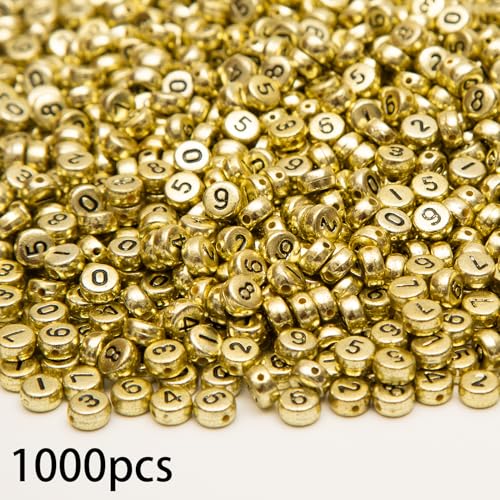 1000Pcs Acrylic Number Beads Round Number Round Beads 4x7mm Mixed Number Beads, for Jewelry Bracelets Necklaces Key Chains Making (Gold) - color: Gold