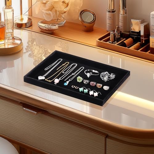 2 Pcs 9" x 5.7" Velvet Jewelry Tray Jewelry Display Tray, Stackable Empty Plate Trays for Earrings Necklaces Bracelet Rings Display Showcase - Black - color: Black, size: Flat Tray 9"x5.7"