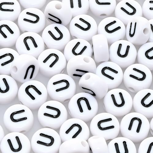 Amaney 100pcs U Letter Beads 7x4mm White Round Acrylic Black Alphabet for Bracelet Jewelry Making - color: U