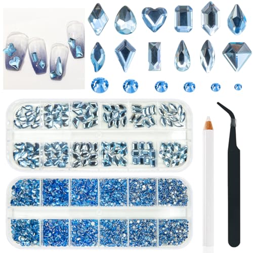 qiipii Light Blue Rhinestones for Nails Multi Shapes Crystal Flatback Rhinestones Gems Round Beads Glass Stones Diamonds Jewels w Wax Pen for Faces Eyes Makeup Crafts - color: Light Blue, size: A Set