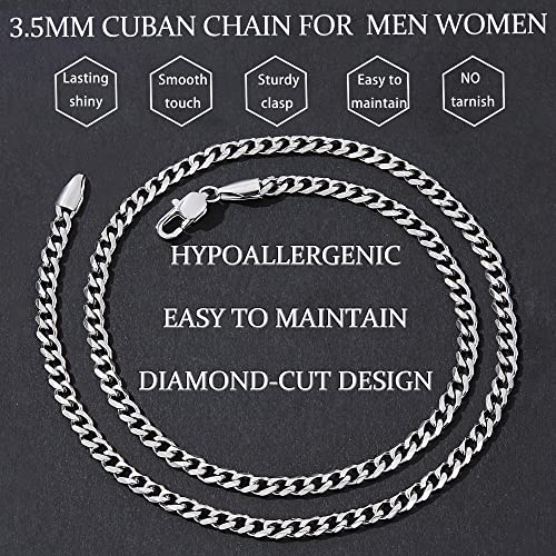 Fiusem 3.5mm Cuban Link Chains for Men, Silver Tone/Black/14K Gold Plated Stainless Steel Necklace Chain, Mens Necklace 16, 18, 20, 22, 24, 26, 28 Inch - size: 22 inches, style: a.3.5mm width-steel