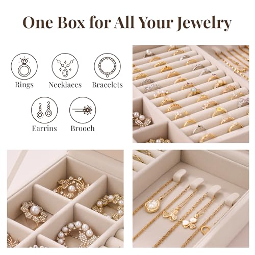 bussdis Glass Lid Jewelry Organizer Box – Beige Velvet Jewelry Case with Ring Slots, Necklace Hooks & Removable Compartments for Earrings, Rings & Bracelets - color: Beige