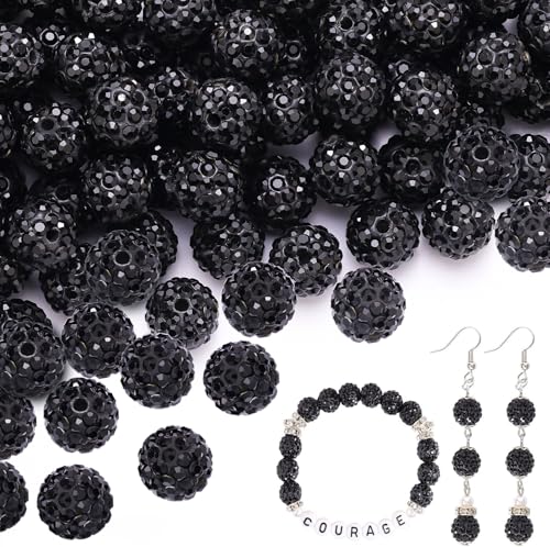 200pcs 10mm Black Rhinestone Beads for Jewelry Making, Shiny Round Shamballa Disco Ball Beads Bulk, Sparkle Crystal Clay Christmas for Bracelet Baseball Necklace Earring Crafting and DIY - color: Black, size: 10mm/200pcs