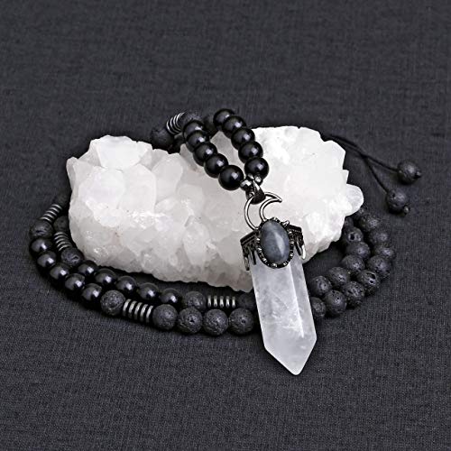 Top Plaza Natural Stone Healing Crystal Clear Quartz Hexagonal Pointed Gemstone Pendant Necklace Crescent Moon Jewelry Adjustable Lava Rock Beads Necklaces for Women Men