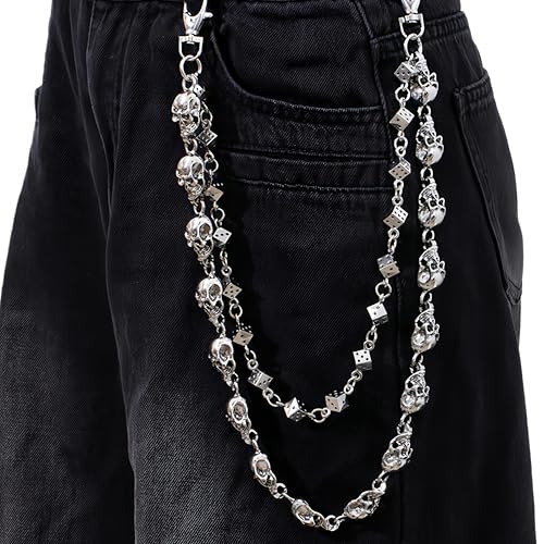 Layered Punk Pants Chain for Men Women, Gothic Hip Hop Jean Chain Wallet Chain Biker Trouser Chain, Goth Emo Fashion Keychain Accessories - color: 2L-Skulls Chain