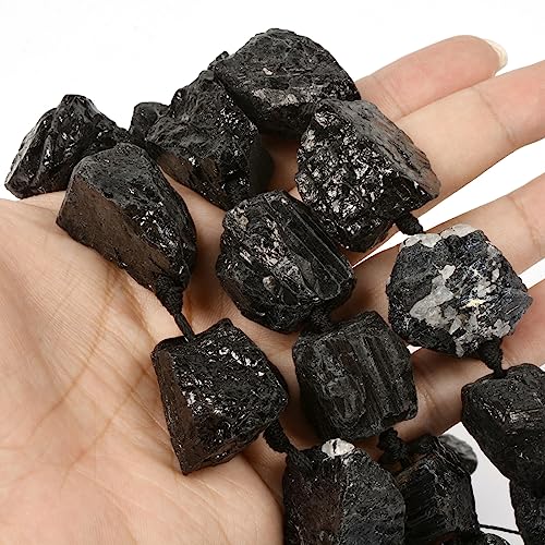 Black Tourmaline Gemstone Crystal Nugget Raw Graduated Beads Strand 2mm Hole Drilled - color: Black Tourmaline