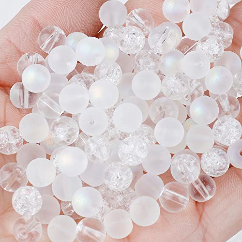 Glass Beads, 100pcs 8MM Round, Mix Crackle Lampwork, Aurora Crystal, Matte Gemstones Spacer Beads for Crafts, Loose Beads for Bracelet Making - color: White