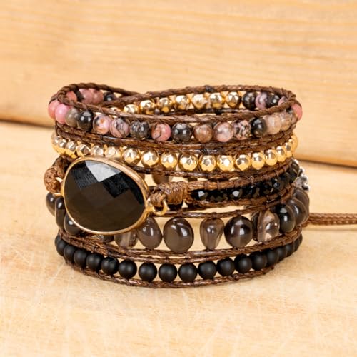 YGLINE Women Boho Handmade Natural Stone Crystal Leather Bead Wrap Bracelets Collection - color: Oynx