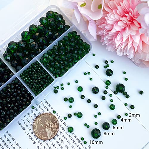 1000pcs Green Rondelle Crystal Glass Beads 2mm 4mm 6mm 8mm 10mm Mixed Sizes, Faceted Briolette Crystal Glass Spacer Beads for Jewelry Making with Container Box - color: Green