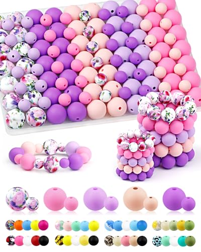 100PCS FIVEIZERO Silicone Beads for Keychain Making, 9mm & 15mm Pink Purple Mixed 5 Colors Silicone Focal Beads for Bracelets, Beadable Pens and DIY Crafts - color: Pink Purple