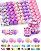 100PCS FIVEIZERO Silicone Beads for Keychain Making, 9mm & 15mm Pink Purple Mixed 5 Colors Silicone Focal Beads for Bracelets, Beadable Pens and DIY Crafts - color: Pink Purple